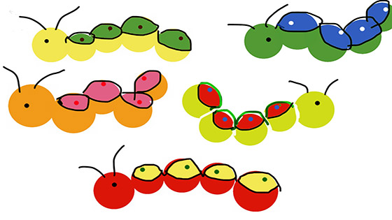 An illustration of five little caterpillars