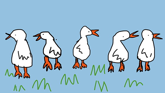An illustration of five ducks on some grass 