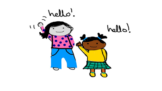 An illustration of a woman and girl waving and saying hello