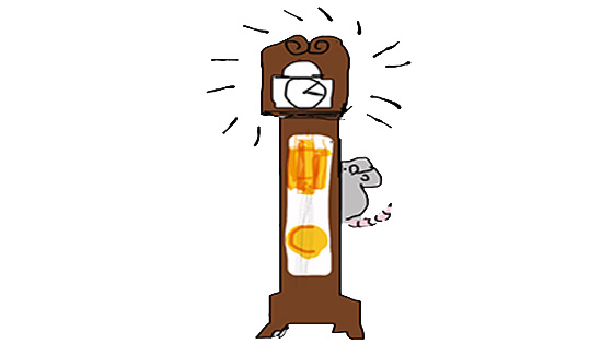 An illustration of a grandfather clock with a mouse running up it