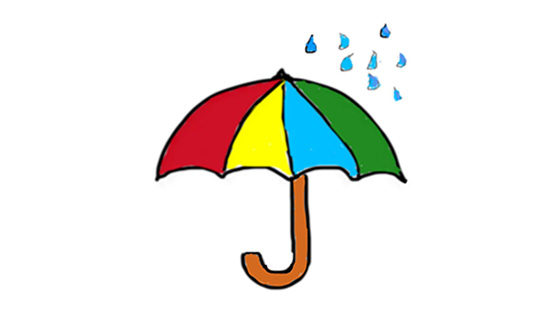 An illustration of an umbrella with raindrops above it