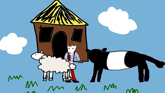 An illustration of a farmer standing next to a sheep and cow