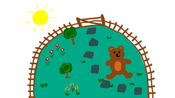 An illustration of a garden with a teddy bear in it
