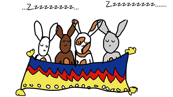 An illustration of four sleeping bunnies with zzzzz's above their heads