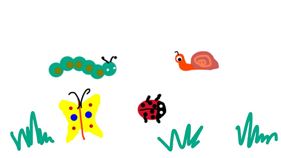 An illustration of a caterpillar, butterfly, ladybug and snail