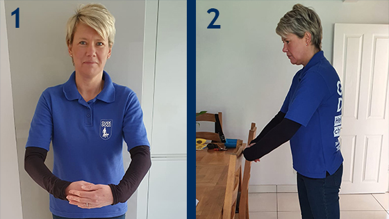 Two images together, labelled one and two, of a Guide Dogs staff member showing the steps of the barrier technique, as described above.