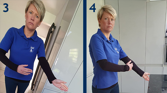 Two images together labelled three and four of Guide Dogs staff member showing the steps of 'taking a line' technique as described above.