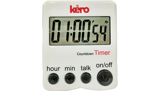 A timer with four tactile buttons and large numbers that also talks