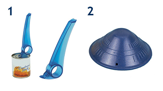 On the left is an image of a rachet tin opener with a number one next to it to correspond to the description above, and on the right is an image of a Dycelm jar opener, with the number two of next to it to correspond the description above.