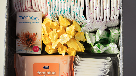 Period products organised neatly in a drawer