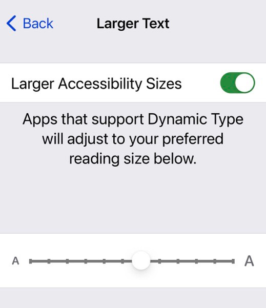 An iPhone screen with the 'Larger Text' feature enabled