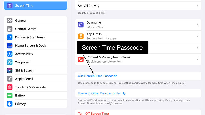 An iPad or iPhone screen with the "screen time passcode" option labelled