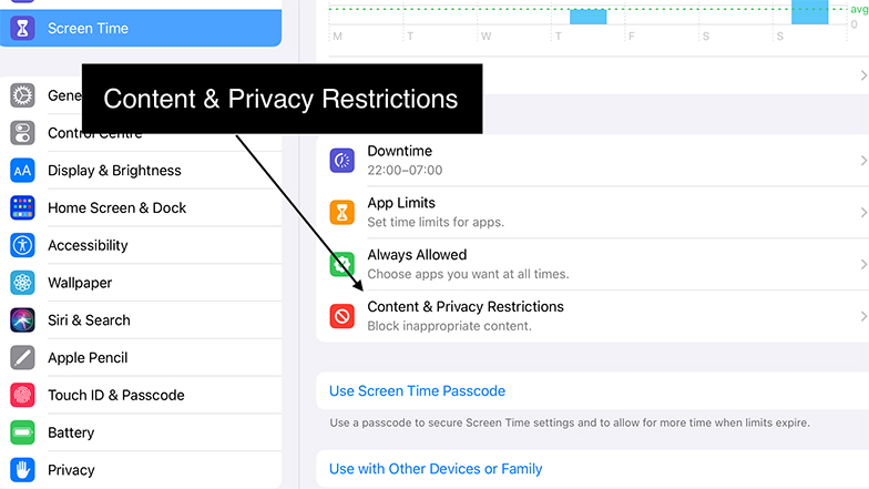 iPad or iPhone screen showing screen time settings and with "Content & Privacy restrictions" labelled