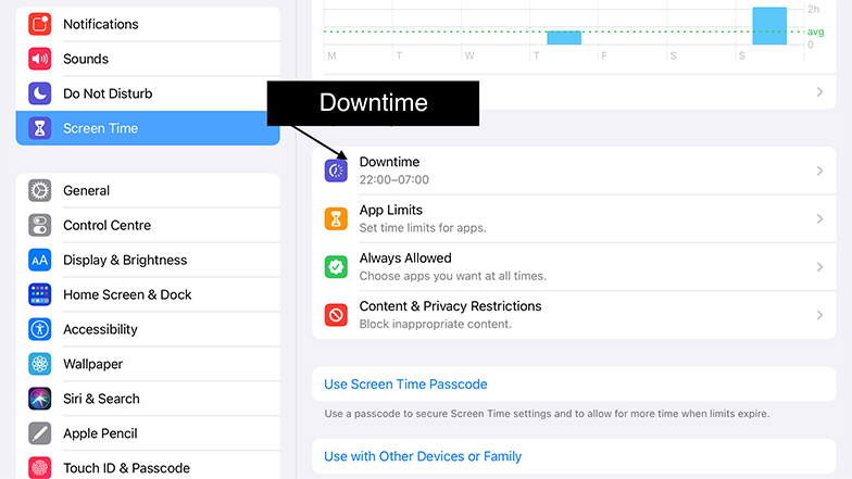 An Apple device screen with an arrow to the 'Downtime' option