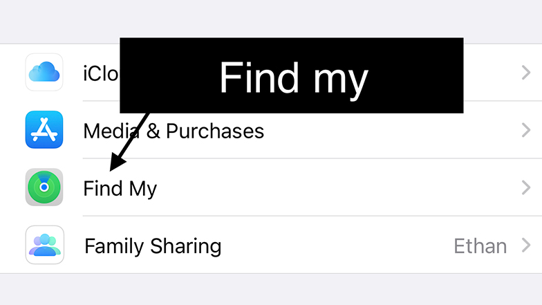 An Apple device screen with an arrow pointing to the 'Find My' option