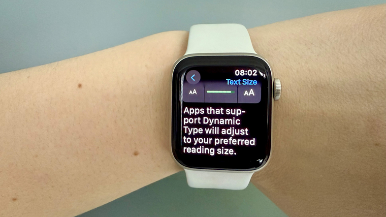 An Apple Watch demonstrating Apple’s text size accessibility feature.