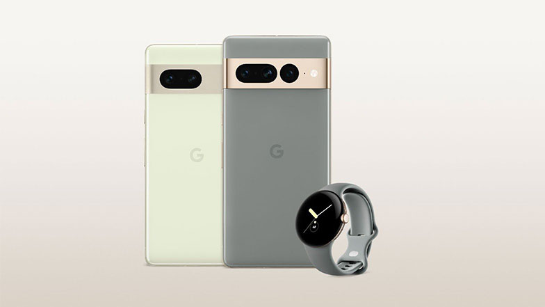 An image of two Google pixel 7a phones one of which is grey and the other off white, with a Google pixel watch on the side. 