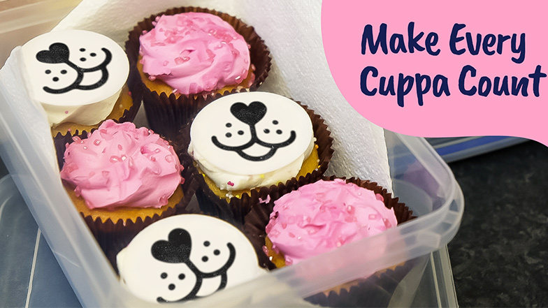 Image of six cupcakes in a tub. Three are decorated with dog nose cake toppers and the other three are decorated with pink iced frosting. The text overlay reads 'Make Every Cuppa Count'