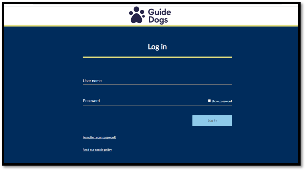 There is a dark blue background with a central guide dogs logo at the top of the screen