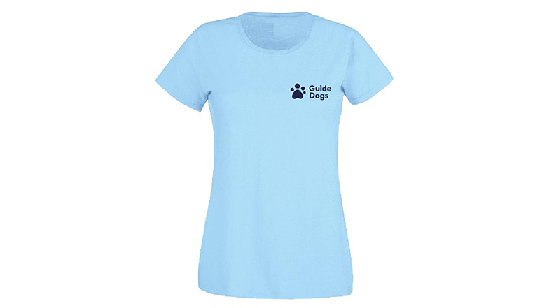 Ladies t-shirt in pale sky blue with a navy blue people paw logo and “Guide Dogs” wording on the left hand side of the chest. 