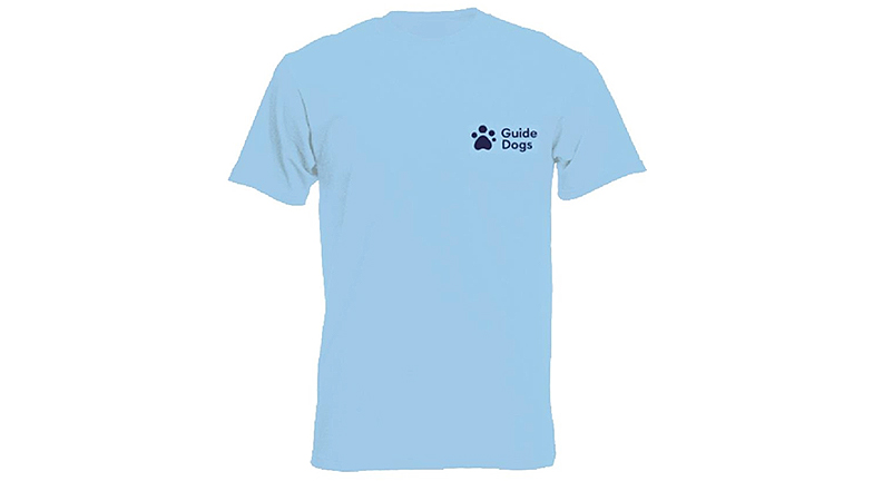 Round-neck men’s t-shirt in pale sky blue with a navy blue people paw logo and “Guide Dogs” wording on the left hand side of the chest. 