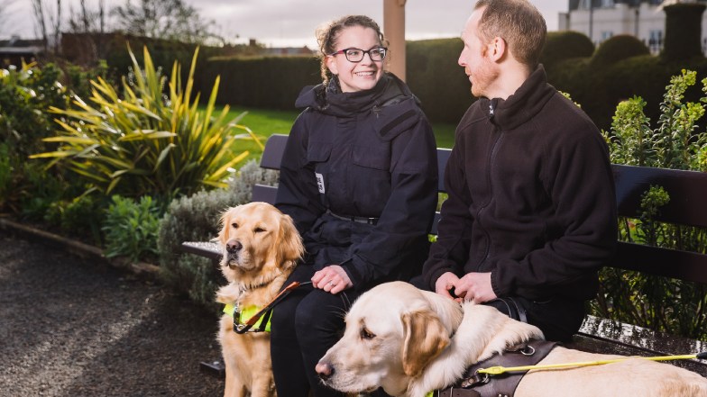 Two volunteers with two guide dogs in training.  