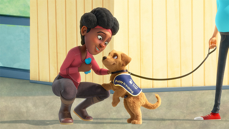 Animation of puppy Flash looking up happily to volunteer puppy raiser